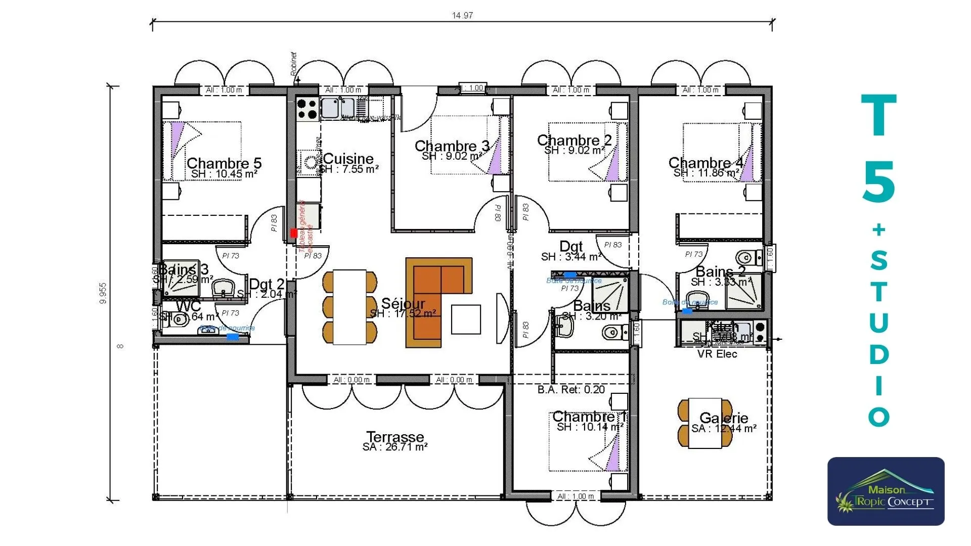 Plan architectural détaillé du modèle T5 + Studio